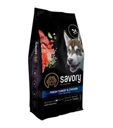 Сухой корм для собак крупных пород Savory Junior Large со свежей индейкой и курицей, 12 кг
