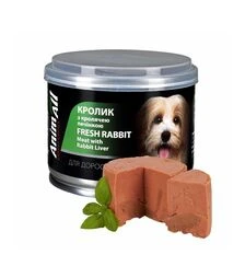 Беззерновой влажный корм для собак AnimAll с кроликом и кроличьей печенью, 195 г