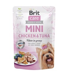 Беззерновий вологий корм для собак мініатюрних порід Brit Care Mini з куркою та тунцем, філе в соусі, 85 г