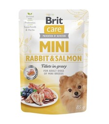 Беззерновий вологий корм для собак мініатюрних порід Brit Care Mini з кроликом та лососем, філе в соусі, 85 г