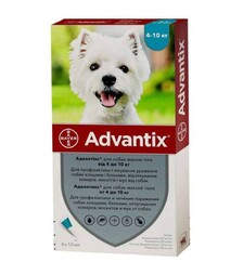 Капли для собак Elanco Advantix от блох и клещей, на вес 4-10 кг, пипетка, 4 шт