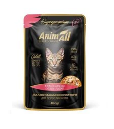 Беззерновий вологий корм для котів AnimAll з куркою та креветками, 80 г