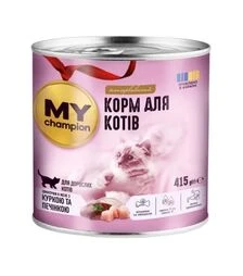 Вологий корм для котів MY Champion шматочки з куркою та печінкою, 415 г