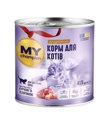 Вологий корм для котів MY Champion шматочки з куркою та телятиною, 415 г