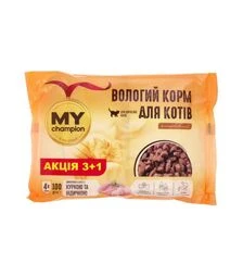 Влажный корм для кошек MY Champion кусочки с курицей и индейкой, 4 шт х 100 г
