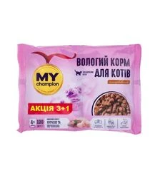 Влажный корм для кошек MY Champion кусочки с курицей и печенью, 4 шт х 100 г