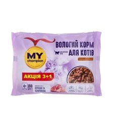 Влажный корм для кошек MY Champion кусочки с курицей и телятиной, 4 шт х 100 г