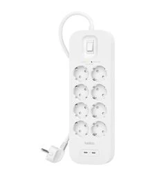 Мережевий подовжувач-фільтр Belkin 3х1,5 мм², 8 розеток, USB-C/C 30 Вт, білий, 2 м (SRB004VF2M)