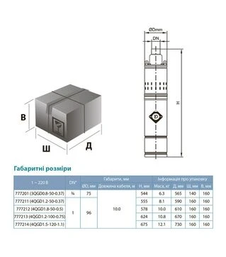 Насос шнековый скважинный Dongyin 4QGD1.5-120-1.1, 1100 Вт, 190 м, 45 л/мин, &Oslash;96 мм (777214)