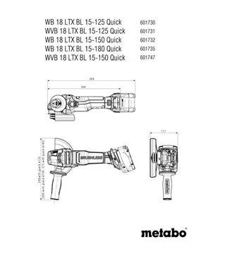 Кутова шліфмашина акумуляторна Metabo WVB 18 LTX BL 15-150 Quick, без АКБ та ЗП (601747840)