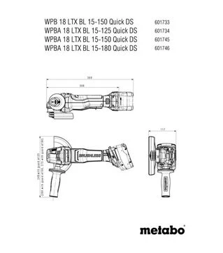 Угловая шлифмашина аккумуляторная Metabo WPBA 18 LTX BL 15-150 Quick DS, без АКБ и ЗУ (601745840)