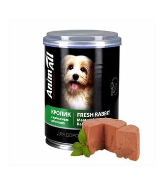 Беззерновой влажный корм для собак AnimAll с кроликом и кроличьей печенью, 375 г
