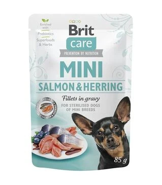 Беззерновой влажный корм для собак миниатюрных пород Brit Care Mini с лососем и сельдью, филе в соусе, 85 г