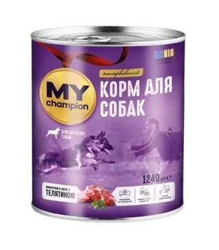 Влажный корм для собак MY Champion кусочки с телятиной, 1240 г
