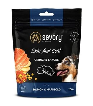 Хрустящие лакомства для собак Savory Skin and Coat для здоровья кожи и шерсти, с лососем и бархатцами, 200 г