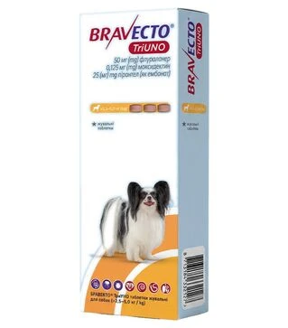 Таблетка для собак MSD Bravecto TriUNO від бліх, кліщів та глистів, на вагу 2,5-5,0 кг, 1 шт