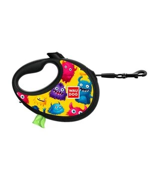 Поводок-рулетка для собак WAUDOG R-leash Мохнатые монстры, до 12 кг, светоотражающий, с контейнером для пакетов, 3 м