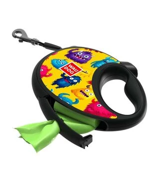 Поводок-рулетка для собак WAUDOG R-leash Мохнатые монстры, до 12 кг, светоотражающий, с контейнером для пакетов, 3 м