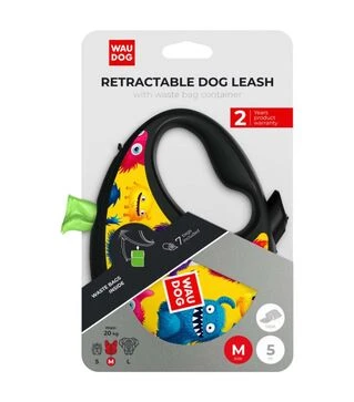 Поводок-рулетка для собак WAUDOG R-leash Мохнатые монстры, до 12 кг, светоотражающий, с контейнером для пакетов, 3 м