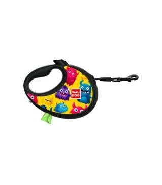 Поводок-рулетка для собак WAUDOG R-leash Мохнатые монстры, до 12 кг, светоотражающий, с контейнером для пакетов, 3 м