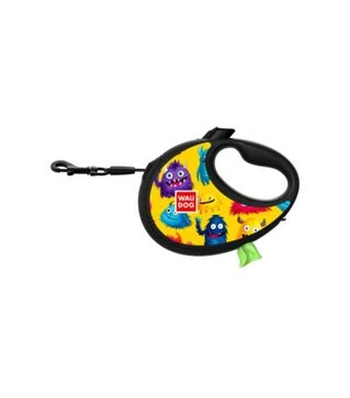 Поводок-рулетка для собак WAUDOG R-leash Мохнатые монстры, до 12 кг, светоотражающий, с контейнером для пакетов, 3 м