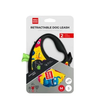 Поводок-рулетка для собак WAUDOG R-leash Мохнатые монстры, до 12 кг, светоотражающий, с контейнером для пакетов, 3 м