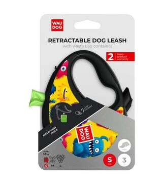 Поводок-рулетка для собак WAUDOG R-leash Мохнатые монстры, до 20 кг, светоотражающий, с контейнером для пакетов, 5 м