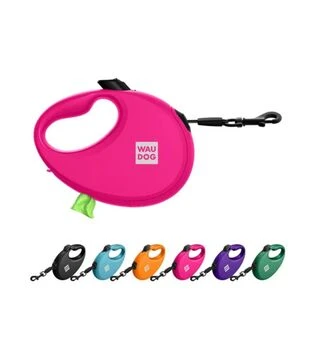 Повідець-рулетка для собак WAUDOG R-leash до 12 кг, світловідбивний, з контейнером для пакетів, рожевий, 3 м