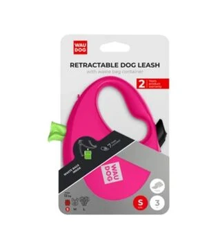 Повідець-рулетка для собак WAUDOG R-leash до 12 кг, світловідбивний, з контейнером для пакетів, рожевий, 3 м