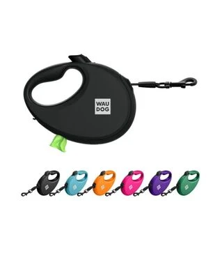 Поводок-рулетка для собак WAUDOG R-leash до 40 кг, светоотражающий, с контейнером для пакетов, черный, 5 м