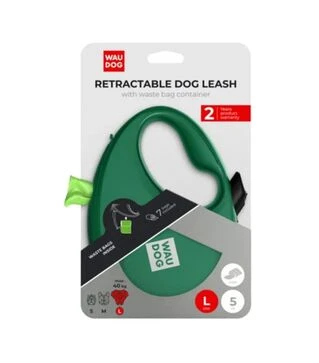 Поводок-рулетка для собак WAUDOG R-leash до 40 кг, светоотражающий, с контейнером для пакетов, зеленый, 5 м
