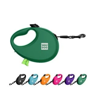 Поводок-рулетка для собак WAUDOG R-leash до 40 кг, светоотражающий, с контейнером для пакетов, зеленый, 5 м