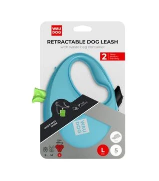 Повідець-рулетка для собак WAUDOG R-leash до 40 кг, світловідбивний, з контейнером для пакетів, блакитний, 5 м