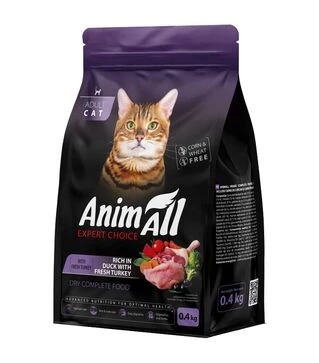 Повнораціонний сухий корм для котів AnimAll з індичкою та качкою, 400 г