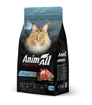 Полнорационный сухой корм для кошек AnimAll с лососем, белой рыбой и индейкой, 1,5 кг