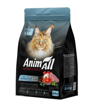 Повнораціонний сухий корм для котів AnimAll з лососем, білою рибою та індичкою, 400 г