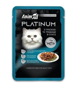 Беззерновой влажный корм для кошек AnimAll Platinum с треской и травами в соусе, 85 г