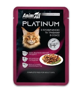 Беззерновой влажный для кошек AnimAll Platinum с говядиной и травами в соусе, 85 г