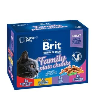 Влажный корм для кошек Brit Premium Семейная тарелка, ассорти 4 вкуса, 12 шт х 100 г