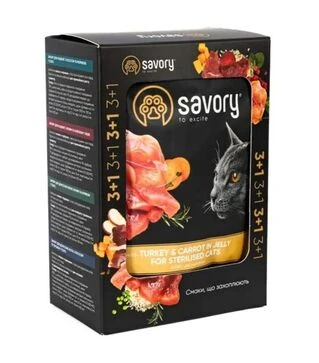 Вологий корм для стерилізованих котів Savory з індичкою та морквою в желе, 4 шт х 85 г
