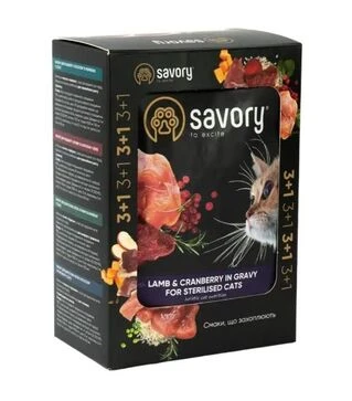 Вологий корм для стерилізованих котів Savory з ягням та журавлиною в соусі, 4 шт х 85 г