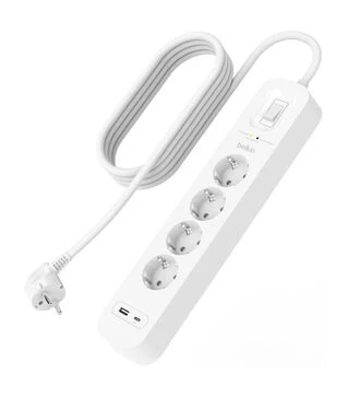 Мережевий подовжувач-фільтр Belkin 3х1,5 мм&sup2;, 4 розетки, USB-A/C 18 Вт, білий, 2 м (SRB001VF2M)