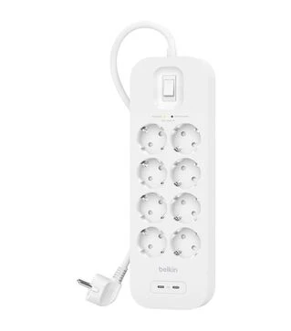 Мережевий подовжувач-фільтр Belkin 3х1,5 мм&sup2;, 8 розеток, USB-C/C 30 Вт, білий, 2 м (SRB004VF2M)