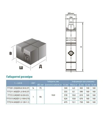 Насос шнековый скважинный Dongyin 4QGD1.5-120-1.1, 1100 Вт, 190 м, 45 л/мин, Ø96 мм (777214) - фото 3