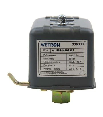 Реле тиску сухого ходу Wetron 1,5 кВт, 1,4-2,8 бар, прямокутне, накидна гайка 1/4" (779732) - фото 2