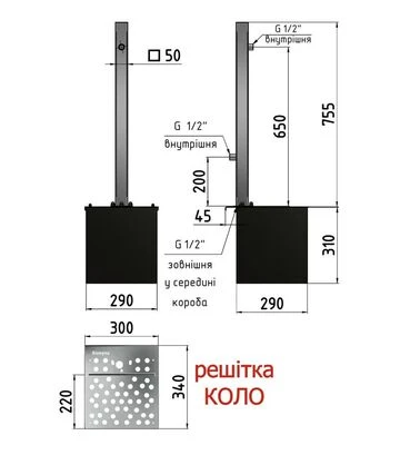 Колонка садовая квадратная РІВНИНА Light 50x50 мм, с 2 кранами, дренажным модулем и решеткой "Круг" (20206Ко) - фото 2