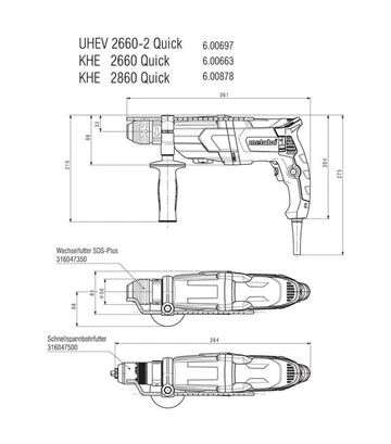 Перфоратор Metabo UHE 2660-2 Quick Set, SDS-Plus, 800 Вт, кейс + набір свердел (600697510) - фото 3