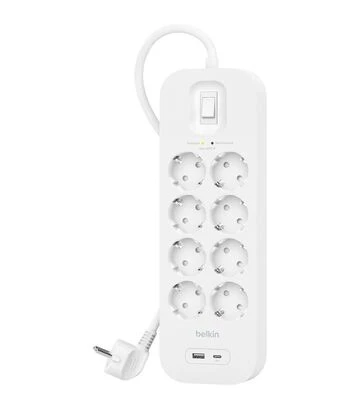 Сетевой удлинитель-фильтр Belkin 3х1,5 мм², 8 розеток, USB-A/C 18 Вт, белый, 2 м (SRB003VF2M-V2) - фото 2