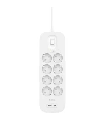 Сетевой удлинитель-фильтр Belkin 3х1,5 мм², 8 розеток, USB-A/C 18 Вт, белый, 2 м (SRB003VF2M-V2) - фото 3