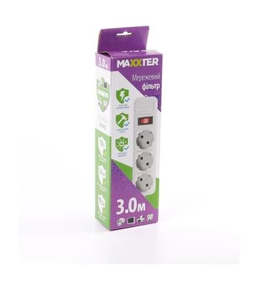 Мережевий подовжувач-фільтр Maxxter 3 розетки, сірий, 3 м (SPM3-G-10G) - фото 2